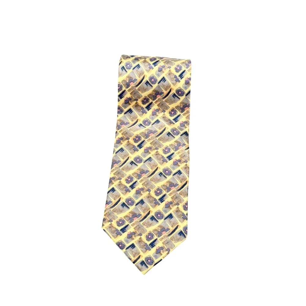 J. Garcia Mens‎ Silk Necktie Abstract Floral Geometric Yellow Blue Tie 100% Silk
